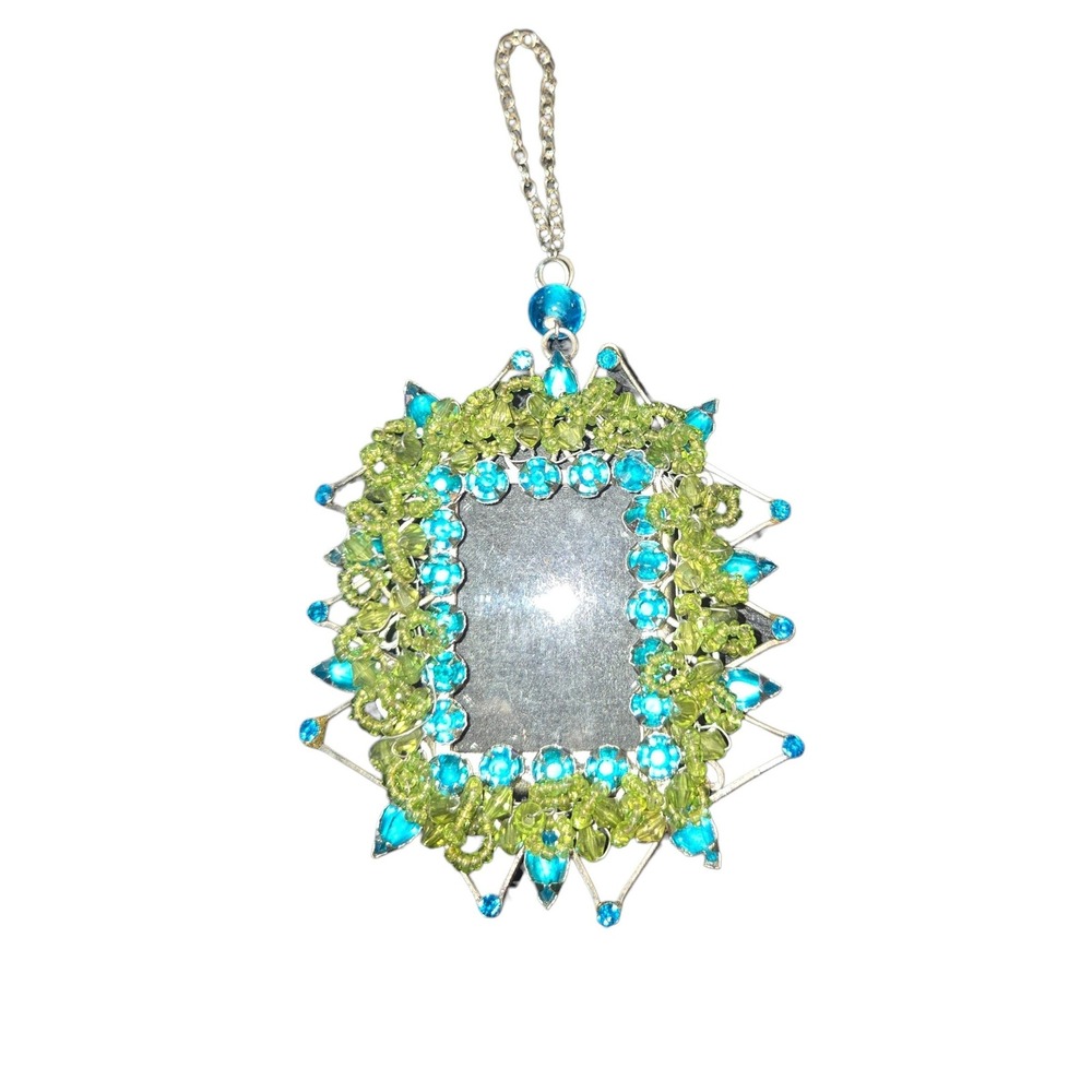 Pier 1 Photo Frame Ornament OS Green‎ Blue Beaded Jeweled Sunburst 6.5"X3"X0.75"